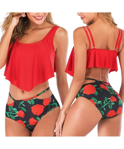 Racing Women Two Piece Swimsuit V Neck Ruffled Bikini Top High Waisted Ruched Bottom - 06-red - CL19520ROAU