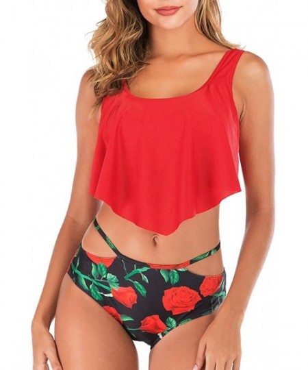 Racing Women Two Piece Swimsuit V Neck Ruffled Bikini Top High Waisted Ruched Bottom - 06-red - CL19520ROAU