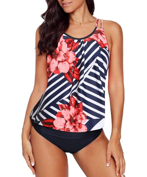 Tankinis Womens Swimsuits Blouson Printed Tankini Top with Bikini Bottom Two Piece Bathing Suits - Blue - CK195KD7TLS