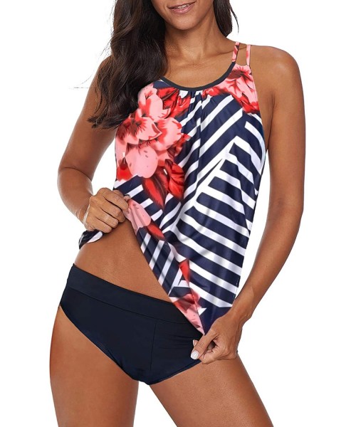 Tankinis Womens Swimsuits Blouson Printed Tankini Top with Bikini Bottom Two Piece Bathing Suits - Blue - CK195KD7TLS