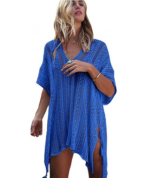 Cover-Ups Women's Bathing Suit Tunic Cover Up Beach Bikini Swimsuit Crochet Dress - Blue - CH18C7T62SW