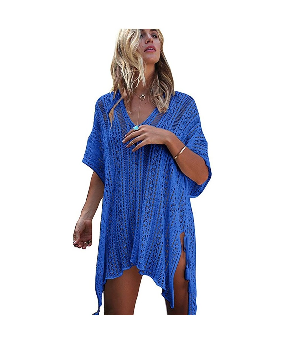 Cover-Ups Women's Bathing Suit Tunic Cover Up Beach Bikini Swimsuit Crochet Dress - Blue - CH18C7T62SW