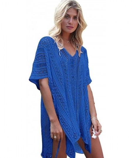 Cover-Ups Women's Bathing Suit Tunic Cover Up Beach Bikini Swimsuit Crochet Dress - Blue - CH18C7T62SW