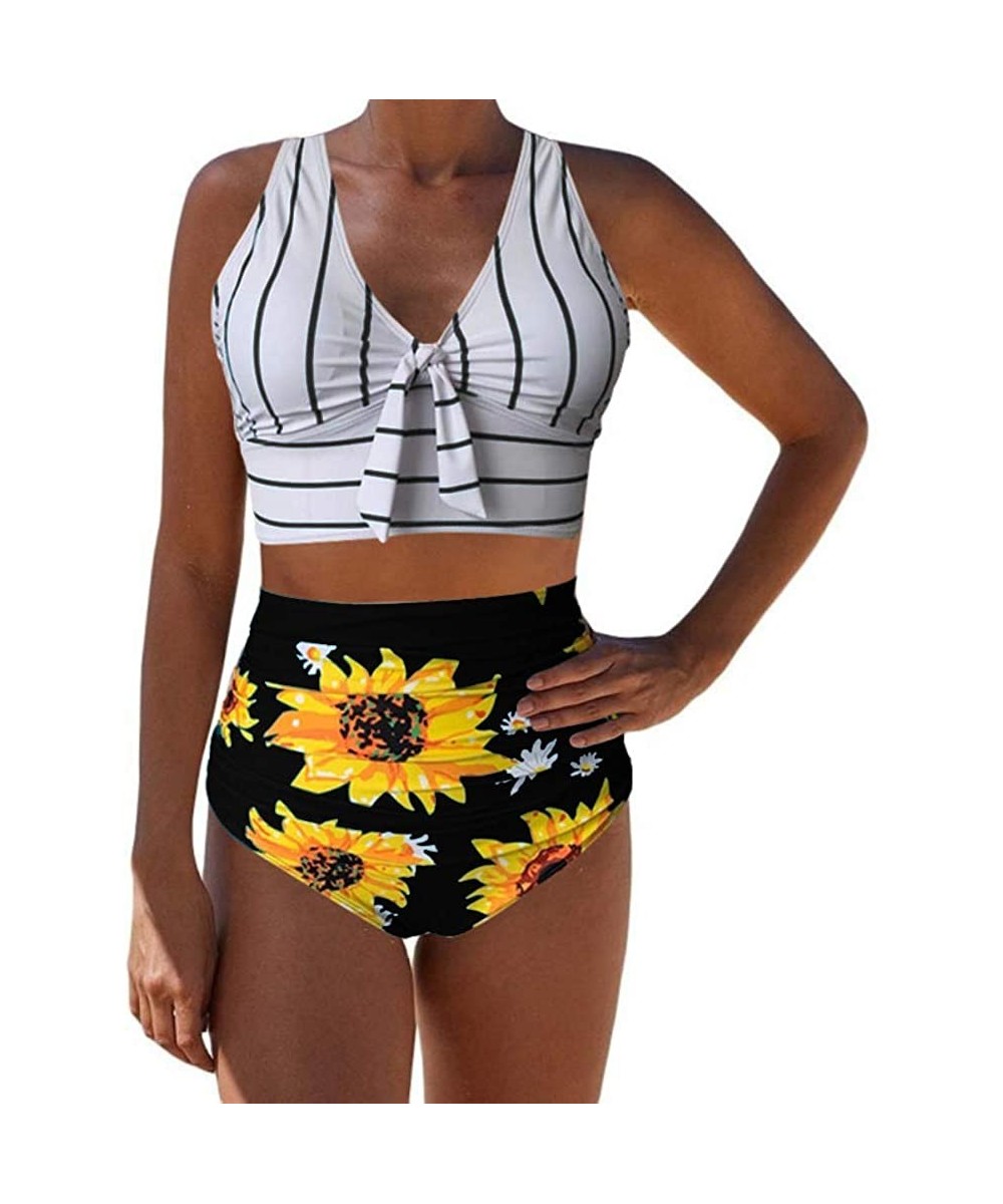 Sets Womens 2 Pieces Bowknot Shirre V Neck Bikini Sets Push Up Sunflower Print High Waist Bottom Swimsuits - Black - CY196OOKU0M