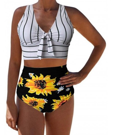 Sets Womens 2 Pieces Bowknot Shirre V Neck Bikini Sets Push Up Sunflower Print High Waist Bottom Swimsuits - Black - CY196OOKU0M