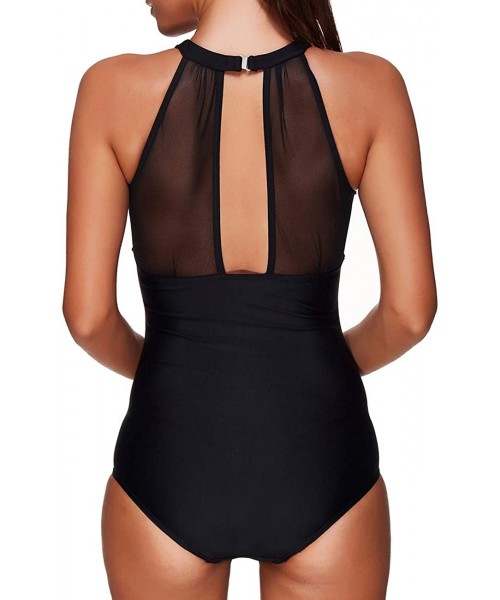 One-Pieces Womens One Piece Swimwear V-Neckline Mesh Ruched Tummy Control Monokini Swimsuit - Black - C518O73R87D