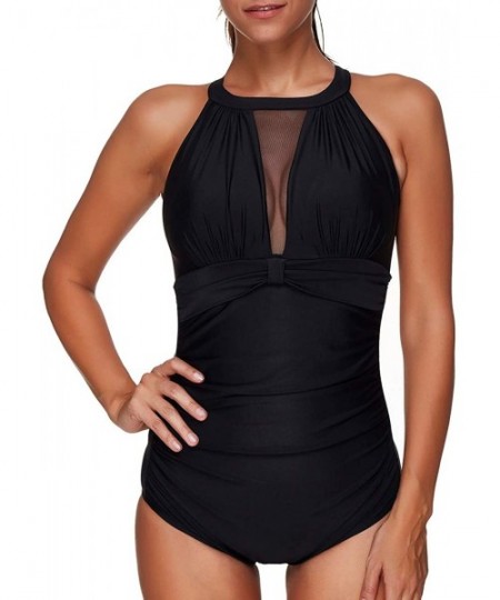 One-Pieces Womens One Piece Swimwear V-Neckline Mesh Ruched Tummy Control Monokini Swimsuit - Black - C518O73R87D