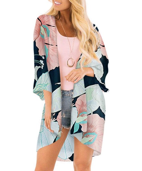 Cover-Ups Women Casual Floral Chiffon Kimono Cover Up Beach Wear Blouse Top - Lotus Leaf - C3194GMXQIT