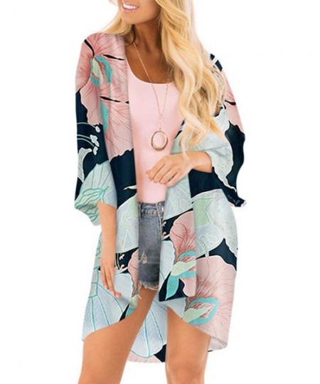 Cover-Ups Women Casual Floral Chiffon Kimono Cover Up Beach Wear Blouse Top - Lotus Leaf - C3194GMXQIT