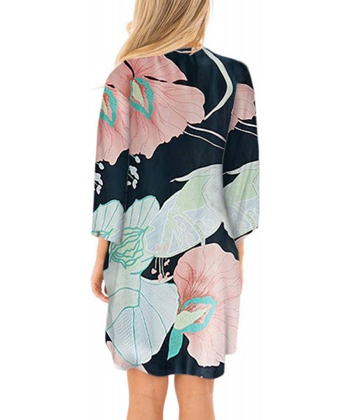 Cover-Ups Women Casual Floral Chiffon Kimono Cover Up Beach Wear Blouse Top - Lotus Leaf - C3194GMXQIT