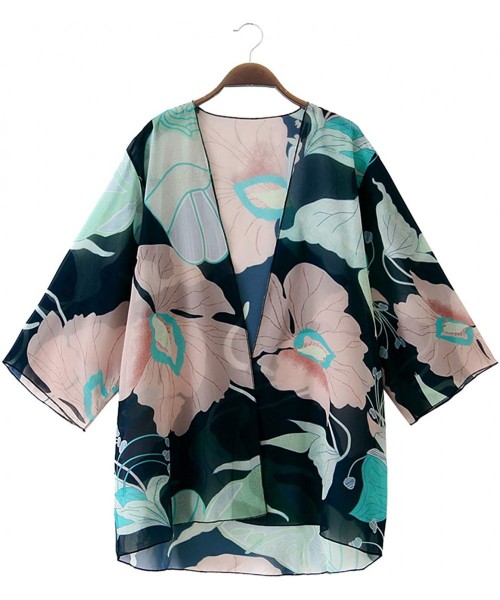 Cover-Ups Women Casual Floral Chiffon Kimono Cover Up Beach Wear Blouse Top - Lotus Leaf - C3194GMXQIT