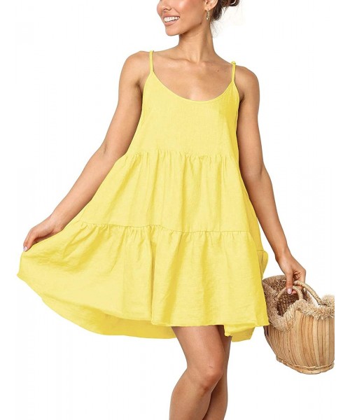 Cover-Ups Spaghetti Strap Dress for Women Pleated Swing Dress Backless Casual Mini Dress - By-baby Yellow - C619083W75M