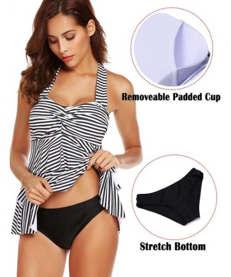 Sets Women's Halter Swimsuit Striped Ruffles Two Piece Tankini with Briefs - Halter Style-black Stripe - CB189XN8G9S