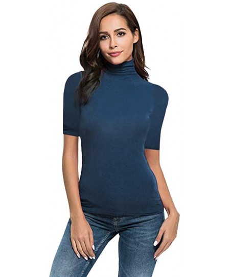 Rash Guards Womens Short Sleeve/Half Sleeve Slim Fit Mock Turtleneck Stretch Comfy Basic T Shirt Layer Tops - Navy - CN18SQONTG9