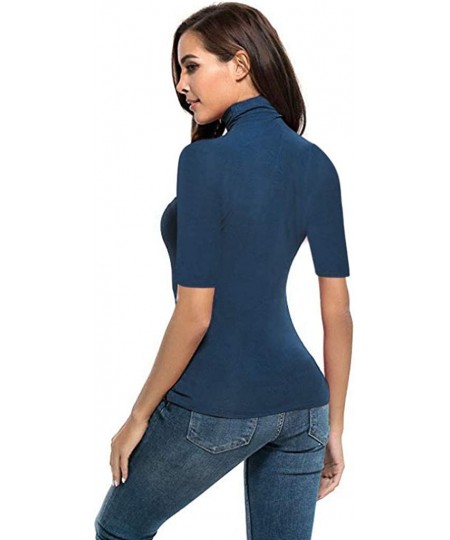 Rash Guards Womens Short Sleeve/Half Sleeve Slim Fit Mock Turtleneck Stretch Comfy Basic T Shirt Layer Tops - Navy - CN18SQONTG9