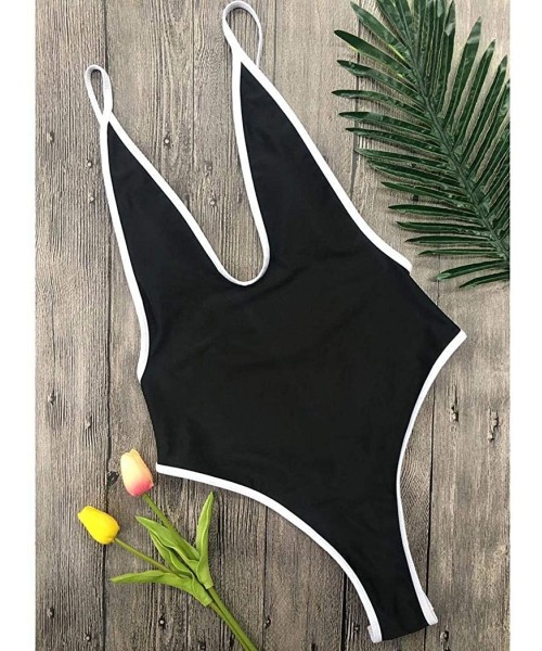 One-Pieces Swimsuits for Women Sexy Deep V One Piece Bathing Suits Backless Cheeky Swimwear Semi Thong Bikini - Black - CI199...