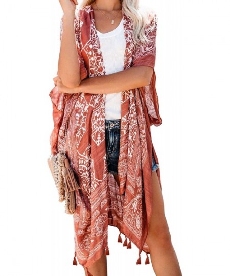 Cover-Ups Women's Printed Fashion Kimono Tassel Casual Beach Loose Cover Up - B-brown - CD192ZH9L7L