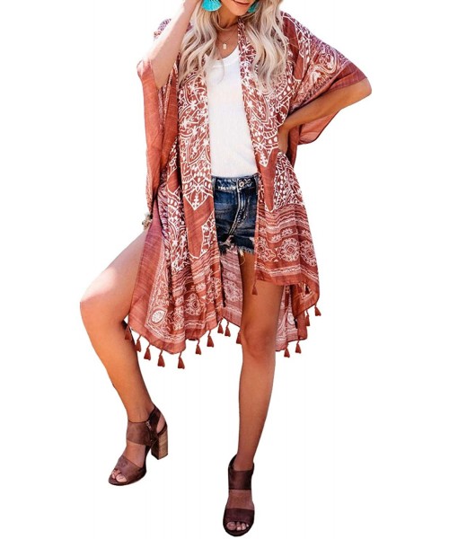 Cover-Ups Women's Printed Fashion Kimono Tassel Casual Beach Loose Cover Up - B-brown - CD192ZH9L7L