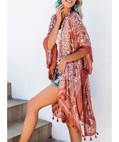 Cover-Ups Women's Printed Fashion Kimono Tassel Casual Beach Loose Cover Up - B-brown - CD192ZH9L7L