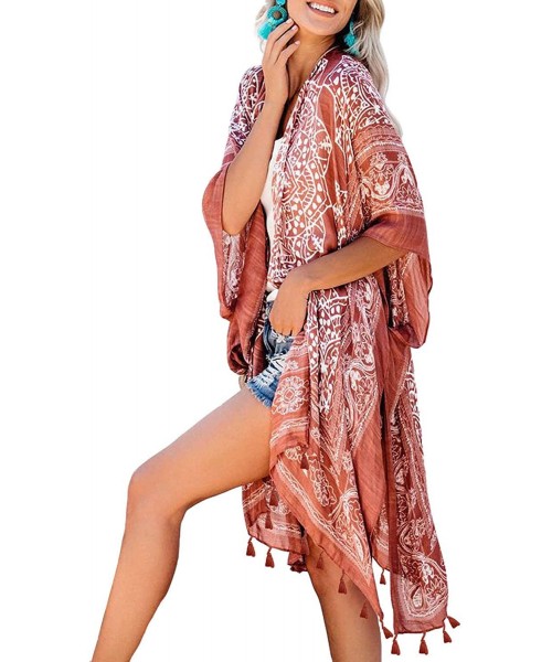 Cover-Ups Women's Printed Fashion Kimono Tassel Casual Beach Loose Cover Up - B-brown - CD192ZH9L7L