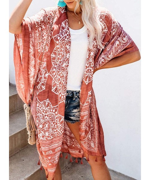 Cover-Ups Women's Printed Fashion Kimono Tassel Casual Beach Loose Cover Up - B-brown - CD192ZH9L7L