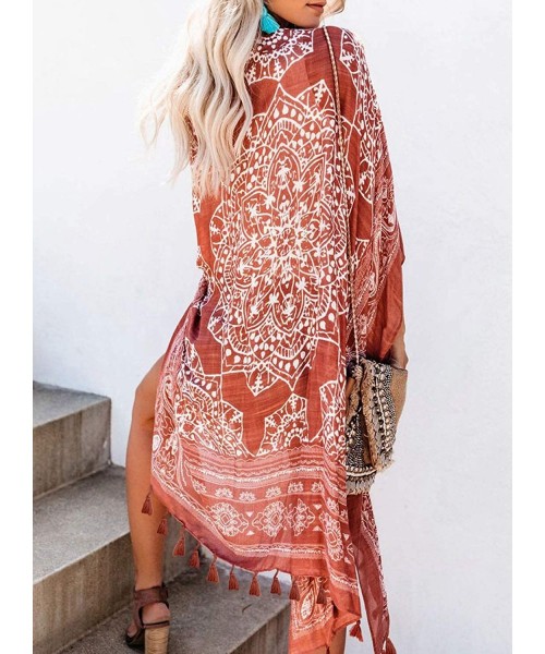 Cover-Ups Women's Printed Fashion Kimono Tassel Casual Beach Loose Cover Up - B-brown - CD192ZH9L7L