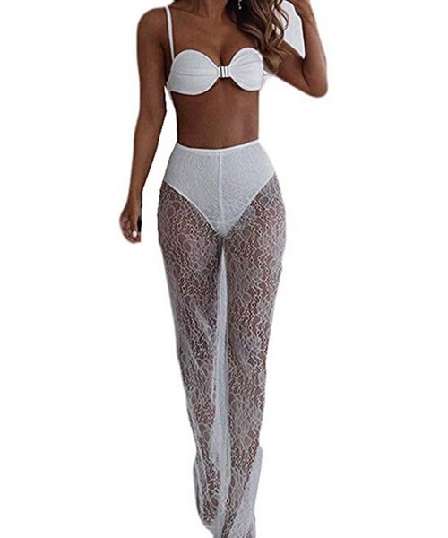 Cover-Ups Women's Sexy Lace See Through Beach Pants Loose Bikini Bottom Cover up - White - CM18LQLUL6L