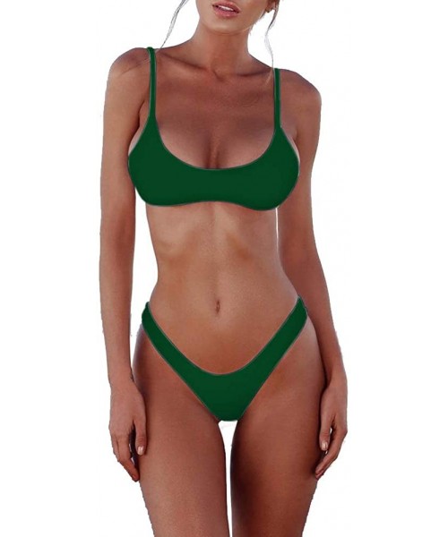 Sets Women's Solid Scoop Neck Push up Padded Brazilian Thong Bikini Swimsuit - Avocado-green - CT194RYO336