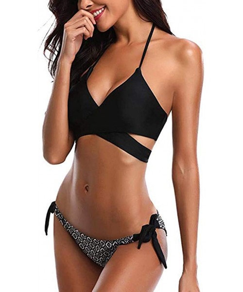 Sets Women Bathing Suits Floral Printing Swim Bottoms Padded Halter Bandage Bikini Two Piece Swimsuits - Black - C8198E4QAGU