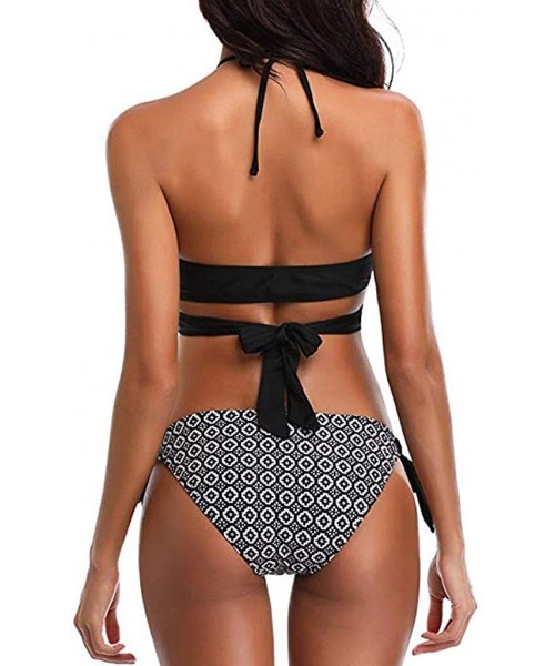 Sets Women Bathing Suits Floral Printing Swim Bottoms Padded Halter Bandage Bikini Two Piece Swimsuits - Black - C8198E4QAGU