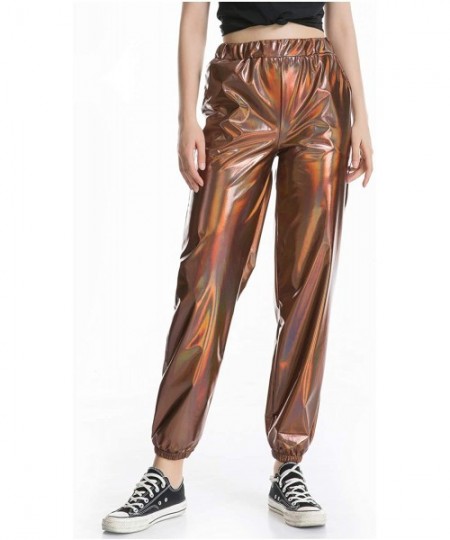 Sets Women's Metallic Shiny Jogger Pants Holographic Hip Hop Sweatpant Tap. - Khaki - C918Z3NZ6TE