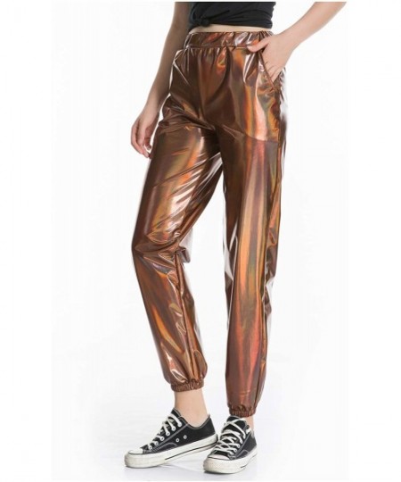 Sets Women's Metallic Shiny Jogger Pants Holographic Hip Hop Sweatpant Tap. - Khaki - C918Z3NZ6TE