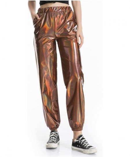 Sets Women's Metallic Shiny Jogger Pants Holographic Hip Hop Sweatpant Tap. - Khaki - C918Z3NZ6TE