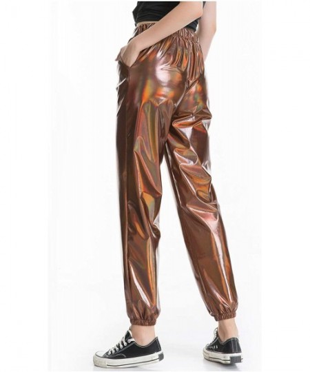 Sets Women's Metallic Shiny Jogger Pants Holographic Hip Hop Sweatpant Tap. - Khaki - C918Z3NZ6TE