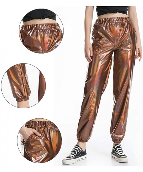 Sets Women's Metallic Shiny Jogger Pants Holographic Hip Hop Sweatpant Tap. - Khaki - C918Z3NZ6TE