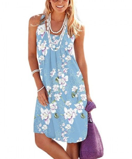 Cover-Ups Women Summer Casual Sleeveless Mini Plain Pleated Tank Vest Dresses - 1-flower Light Blue - CY18RL0L05Z