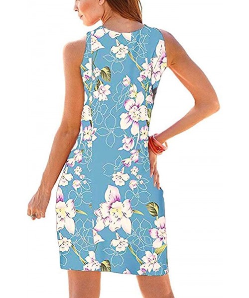 Cover-Ups Women Summer Casual Sleeveless Mini Plain Pleated Tank Vest Dresses - 1-flower Light Blue - CY18RL0L05Z