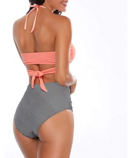 Board Shorts Women Swimsuit Halter Bandage Wrap Bikini Set Push-Up Ruched High Waist Swimwear - Pink Striped - C01952MGGW8