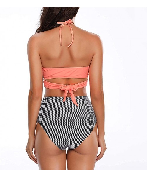 Board Shorts Women Swimsuit Halter Bandage Wrap Bikini Set Push-Up Ruched High Waist Swimwear - Pink Striped - C01952MGGW8