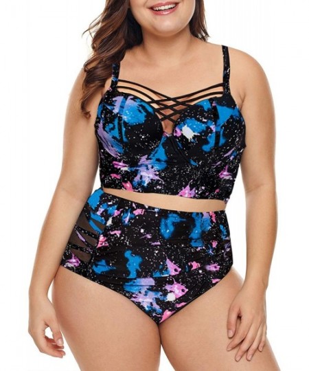 Sets Women's Floral Push Up High Waist Bikini Set Plus Size Bathing Suit - Starry Blue - CN1930Z730G