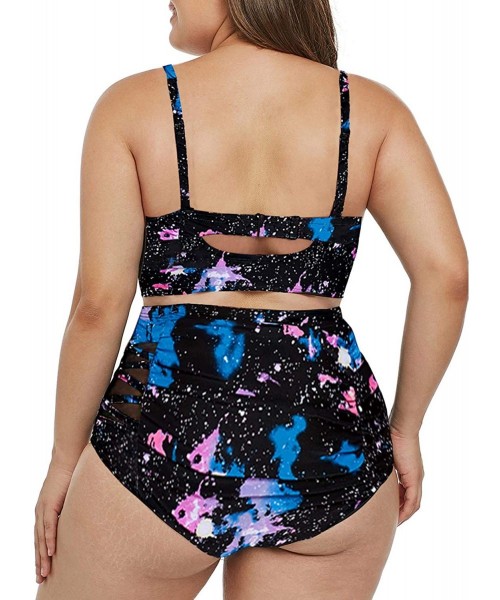 Sets Women's Floral Push Up High Waist Bikini Set Plus Size Bathing Suit - Starry Blue - CN1930Z730G