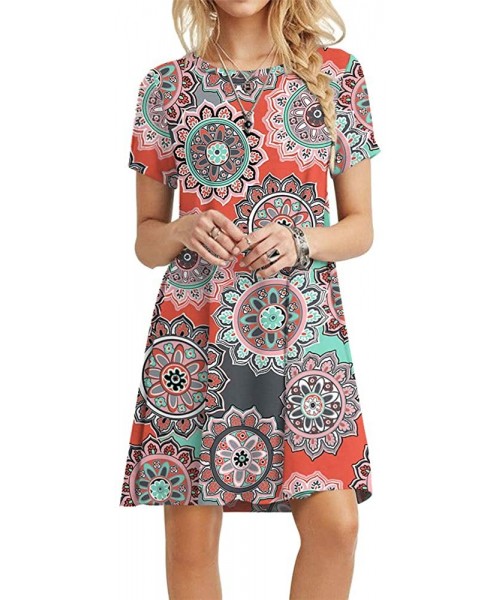 Cover-Ups Women's Summer Casual Tshirt Dresses Short Sleeve Boho Beach Dress - Floral Orange - CJ18SZH9EN9