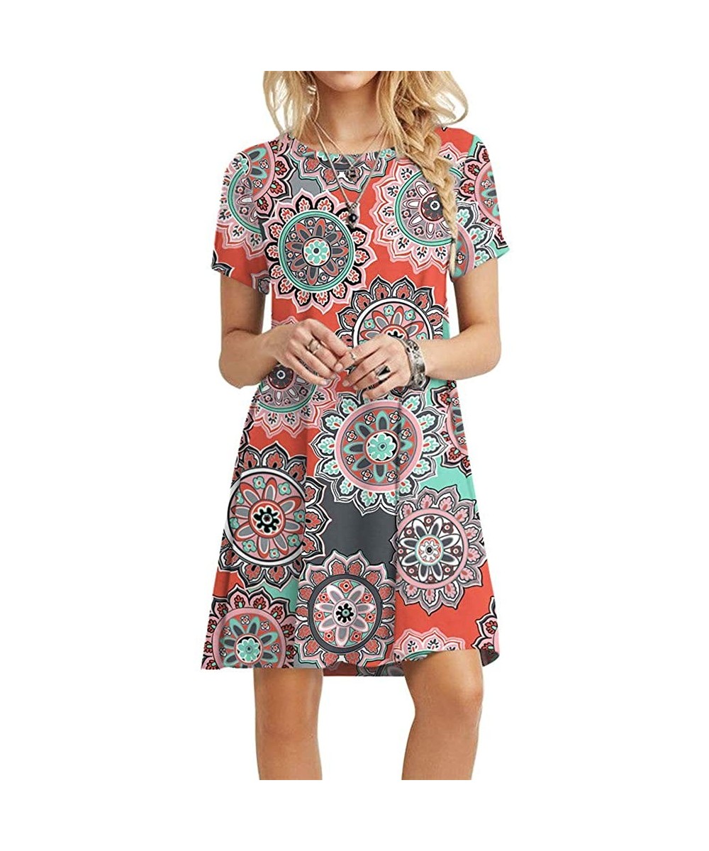 Cover-Ups Women's Summer Casual Tshirt Dresses Short Sleeve Boho Beach Dress - Floral Orange - CJ18SZH9EN9