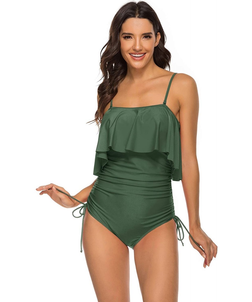 Tankinis Women Off Shoulder Ruffled Flounce Tankini Top with Triangle Briefs Swimsuit - Green - C518DTX4ZQ2