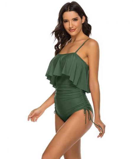 Tankinis Women Off Shoulder Ruffled Flounce Tankini Top with Triangle Briefs Swimsuit - Green - C518DTX4ZQ2