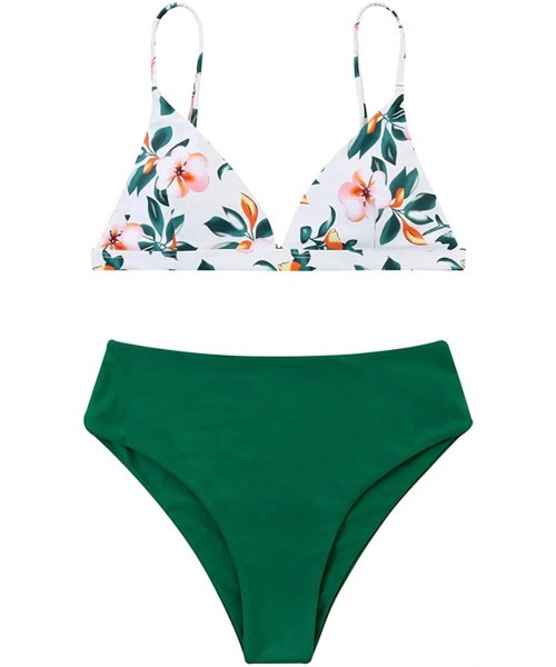 Sets Women Cheeky Bikini Solid Padded Brazilian Top High Cut Bottom 2 Piece Swimsuits - 392 Green Floral - C118RI76TTC