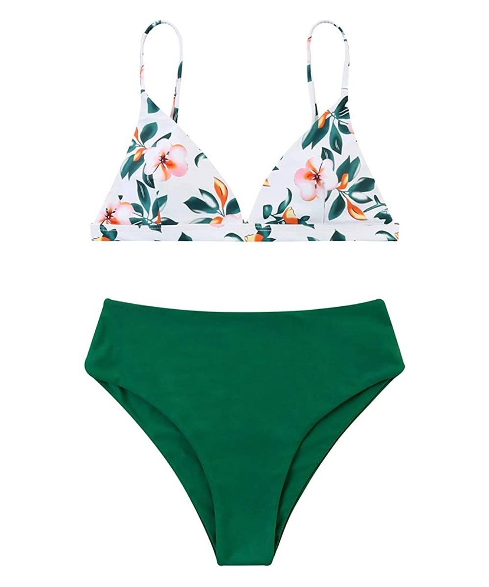 Sets Women Cheeky Bikini Solid Padded Brazilian Top High Cut Bottom 2 Piece Swimsuits - 392 Green Floral - C118RI76TTC