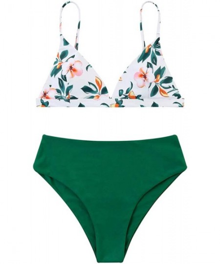 Sets Women Cheeky Bikini Solid Padded Brazilian Top High Cut Bottom 2 Piece Swimsuits - 392 Green Floral - C118RI76TTC