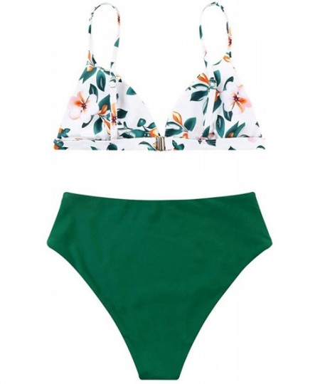 Sets Women Cheeky Bikini Solid Padded Brazilian Top High Cut Bottom 2 Piece Swimsuits - 392 Green Floral - C118RI76TTC