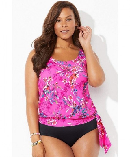 Tankinis Women's Plus Size Side Tie Blouson Tankini Top - Pink Floral - CW19E4KML6D